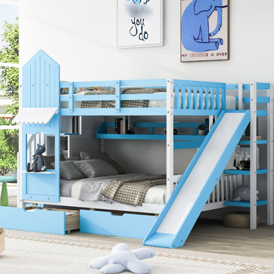 Lit superposé Style, bleu, avec 2 tiroirs, 3 tablettes et glissade - en bois massif, style «Sleep Space Blue», structure, idéal pour