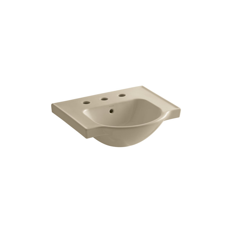 Veer Ceramic Pedestal Bathroom Sink with Overflow, Mexican Sand, 8.04" H x 21" L x 18.25" W, 8" Centers