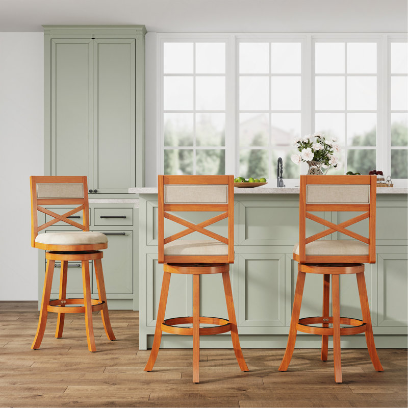 Tabouret pivotant à dossier en X de 30 po de hauteur, siège en tissu beige, Siège beige / structure orange