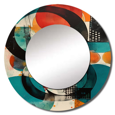 Plowell Orange Abstracted Geometric Explorations II - Geometric Decorative Mirror, Modern Large Round Wall Mirror, Printed Metal Art