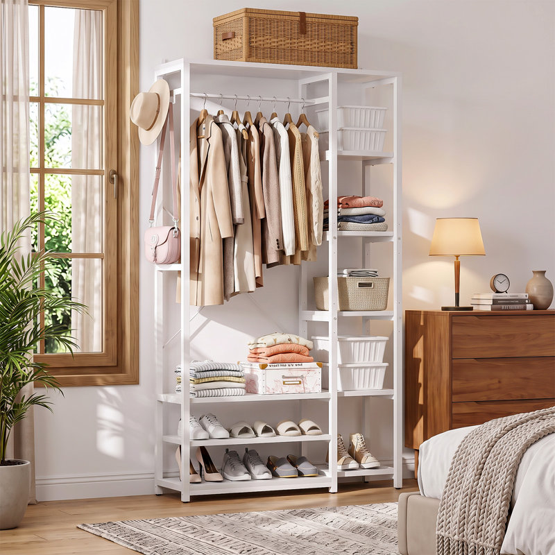 Système de rangement pour garde-robe, garde-robe métallique avec tringle et étagères réglables, White