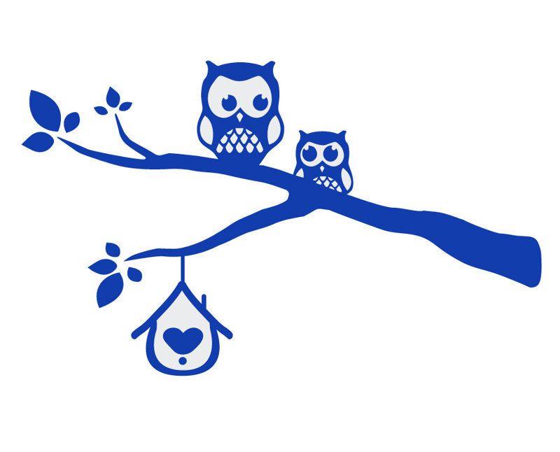 Décalcomanie murale owls sur une branche, H 39 po x l 65 po x P 0,01 po, Bleu foncé