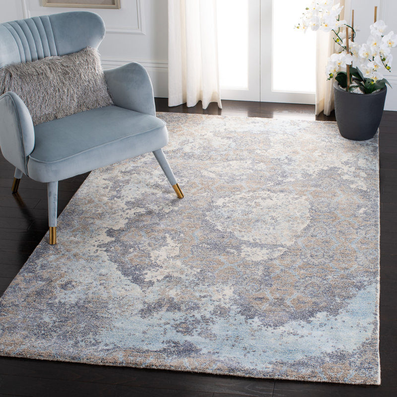 Tapis bleu / ivoire touffeté à la main en laine / viscose Tavant, Rectangle 4 pi x 6 pi
