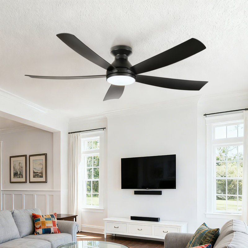 52 In. Black 5 Abs Blades Flush Mount Standard Ceiling Fan With Led Light And Remote