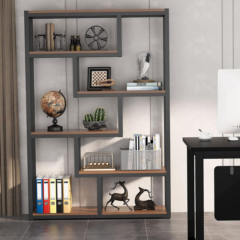 Bibliothèque étagère industrielle à 6 niveaux avec tablettes ouvertes asymétriques pour un rangement vertical élégant et fonctionnel.