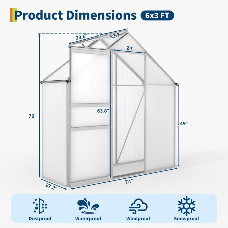 6×3 FT Polycarbonate Greenhouse with Adjustable Roof Vent for Patio Backyard Garden, Stainless Steel