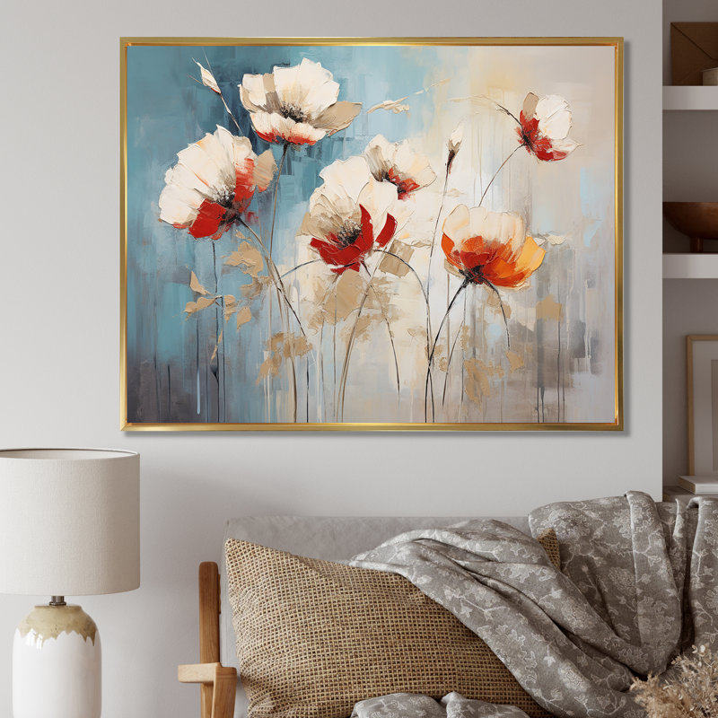 «Beige Poppy Meadow Melody I» sur toile, H 12 po x l 20 po x P 1 po, Cadre flottant doré