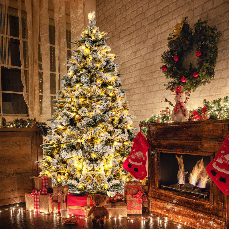 6 pi Arbre de Noël floqué avec lumière, installation rapide, 6'