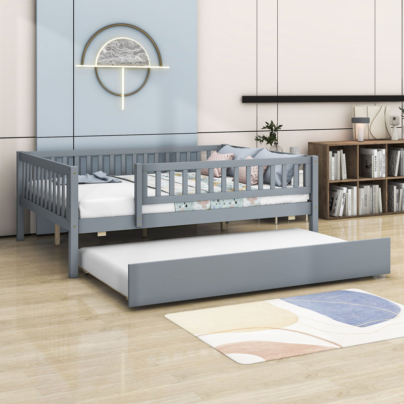Havva Wood Daybed with Twin Size Trundle and Fence Guardrails, Gray, Full