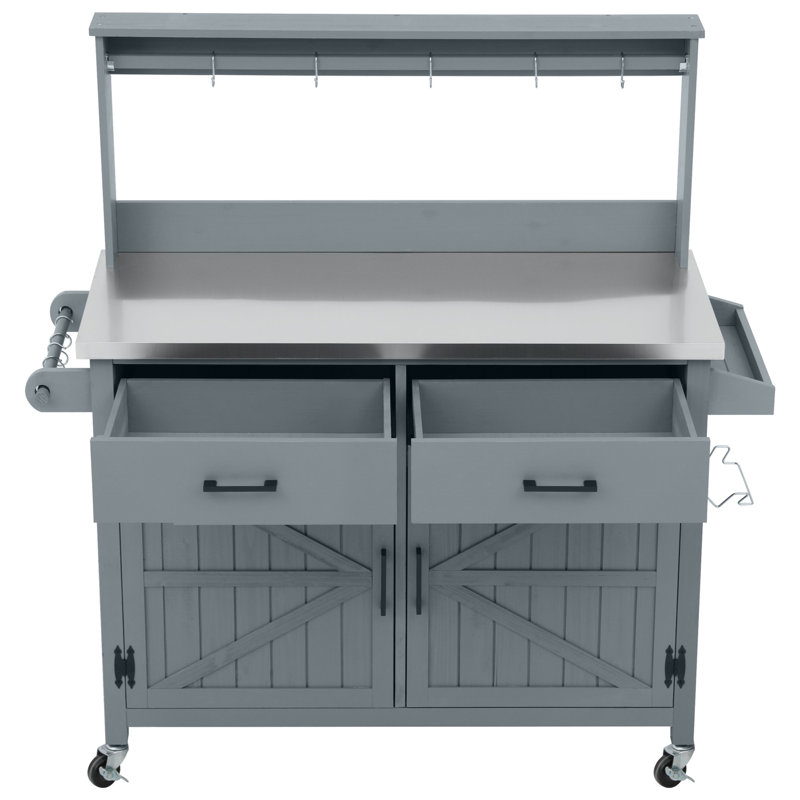 54.1" Outdoor Kitchen Island with High Shelf, Large Outdoor Potting Bench Table with Stainless Steel Top and Storage Cabinet