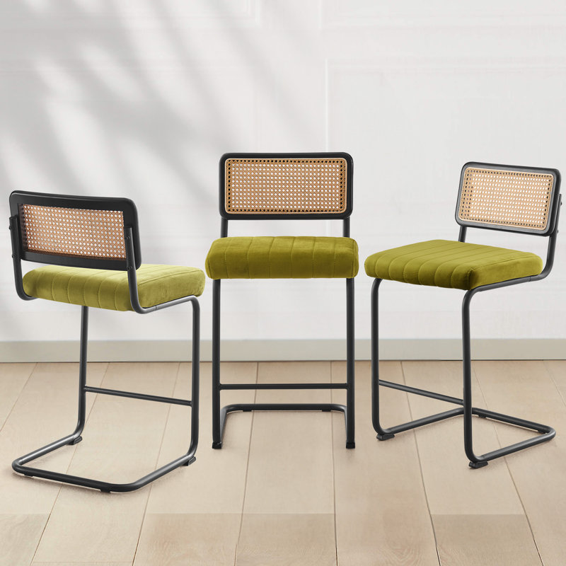 Oliver Green Velvet Upholstered Cane Back Counter Stools with Black Metal Frame
