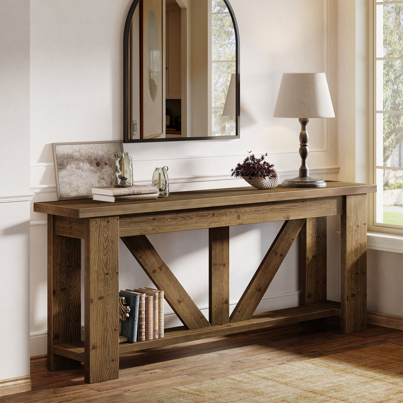 Console en bois massif 70,9 pouces avec rangement, table d'entrée à 2 niveaux