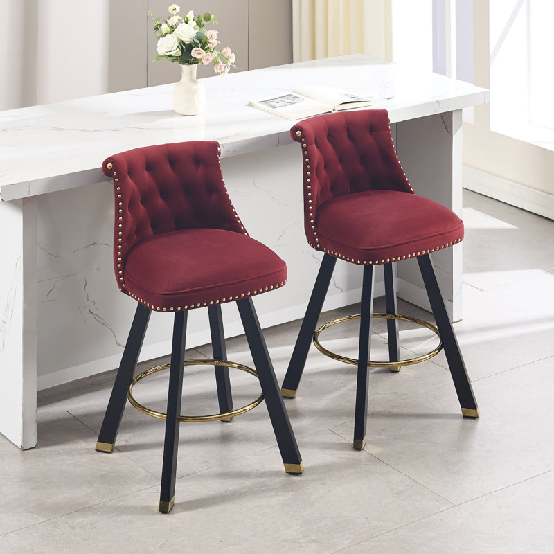COOLMORE Set Of 2,Back Pull Point Design, Velvet Material, 360 Degree Rotation, Back Pull Loop Detachable Design, Rivet Decoration, Square Foot Wooden Bar Chair