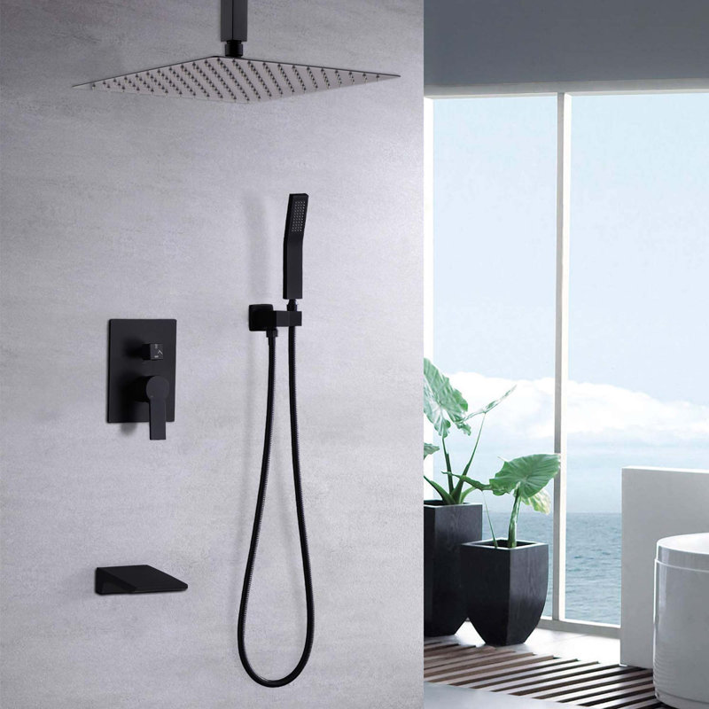 Modern Matte Black Celling Mount Shower System with High Pressure Shower Head, Handheld, Rough-in Valve Body & Trim Included