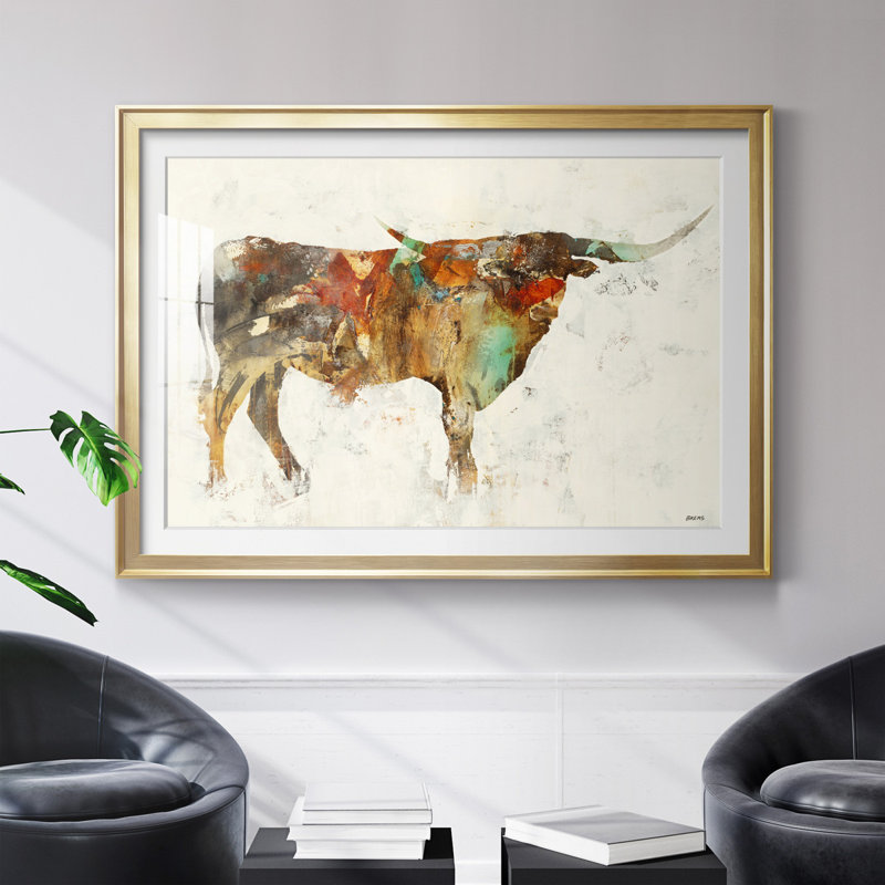 " Long Horn ", Gold Framed Paper, 30.5" H x 42.5" W x 1.5" D