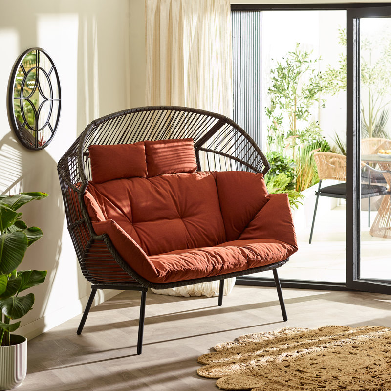 Kouts Cosy Rattan Weave Double Egg Chair Garden With Cushion - Contemporary Modern Design, Orange