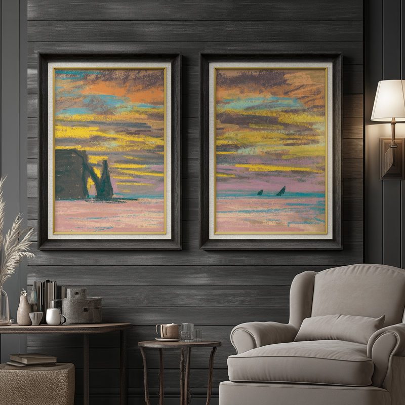 «Pastel Sunset Ocean Cliff Soft Abstract Seascape», ensemble de 2 reproductions d'art encadrées de qualité supérieure sur papier 26 po x 36 po
