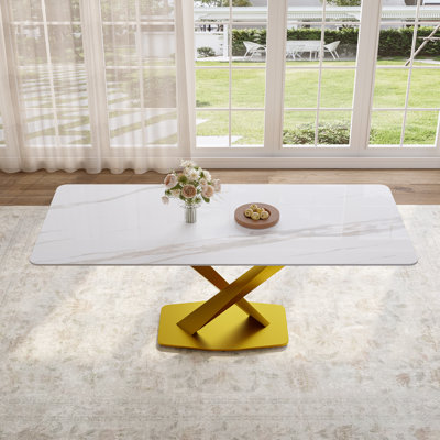 71'' Modern Marble Dining Table For 6-8, Sintered Stone Table Top & X-Shaped Stainless Steel Base