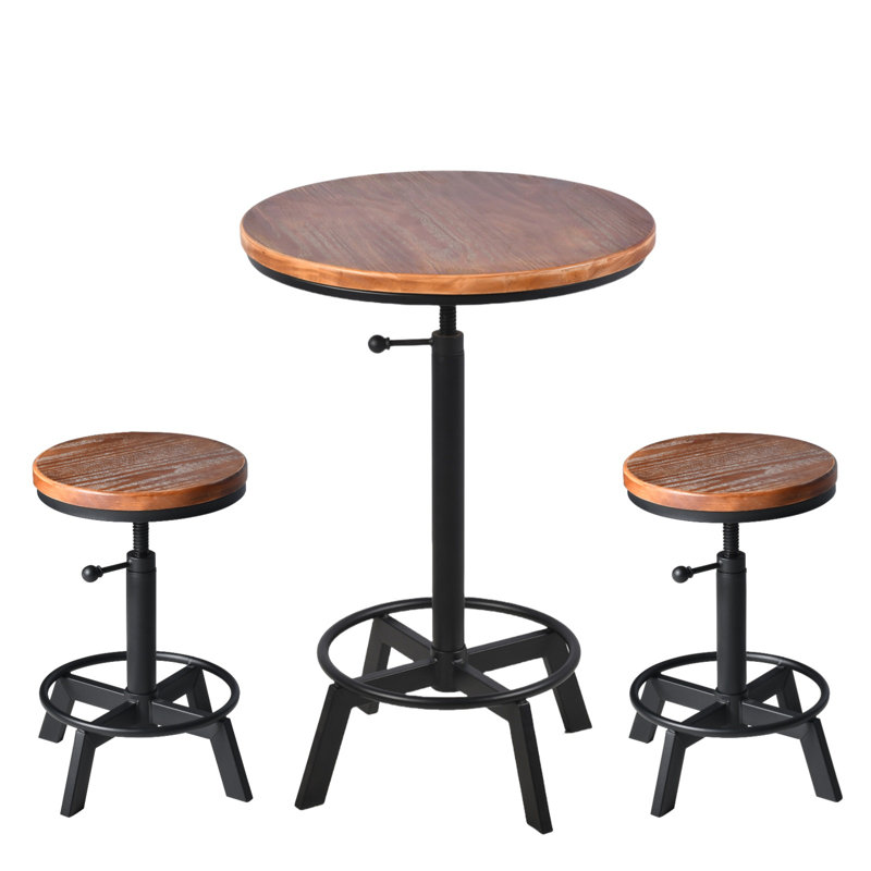 SET OF 3,Bar Table (30.31"-35.43") & 2 Counter Stools (17.7-24.4") Set For Pub Kitchen(Desktop Dia23.6”)