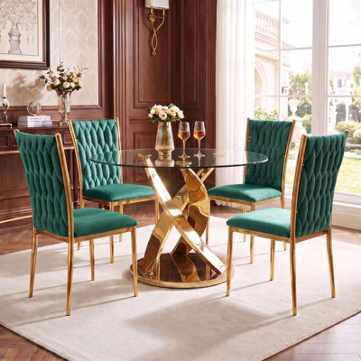 Ensemble de table de salle à manger de 47 po en verre rond pour 4 personnes, ensemble de table de cuisine en verre trempé pour 4 personnes, table de cuisine moderne avec 4 chaises rembourrées en velours, ensemble de table de salle à manger pour la cuisine, appartements