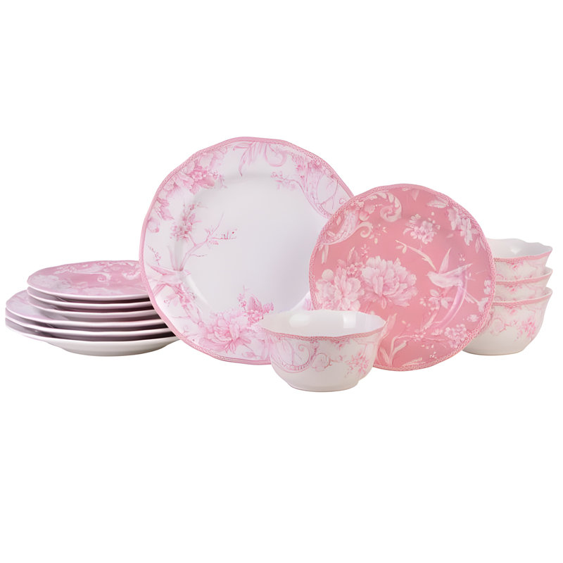 Ensemble de vaisselle en porcelaine 12 pièces 222 Fifth Adelaide Blush - Service For 4, ensemble d'assiettes et de bols, Rose