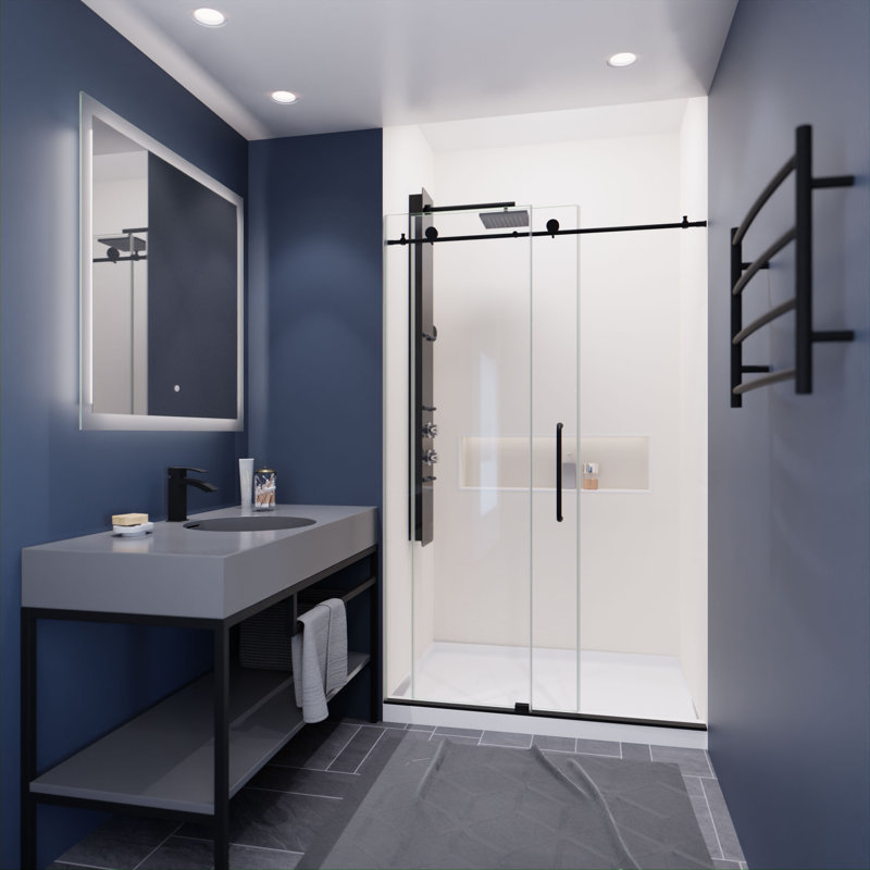 Leon 48" W x 76" H Single Sliding Frameless Shower Door with Tsunami Guard, Matte Black
