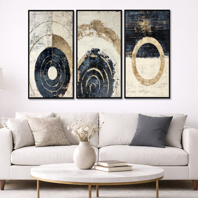 «Beige and Blue Celestial Spiral Balance - Abstract Minimalisme», reproduction sur toile encadrée 3 pièces