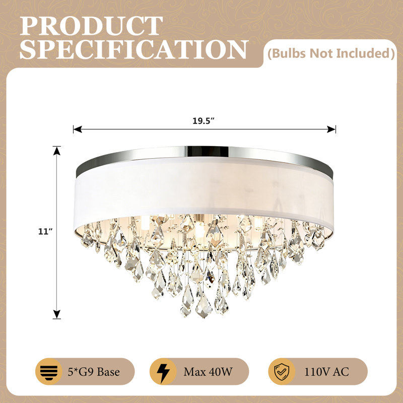 19.5" Crystal Ceiling Light, 3-Light Chandelier with White Fabric