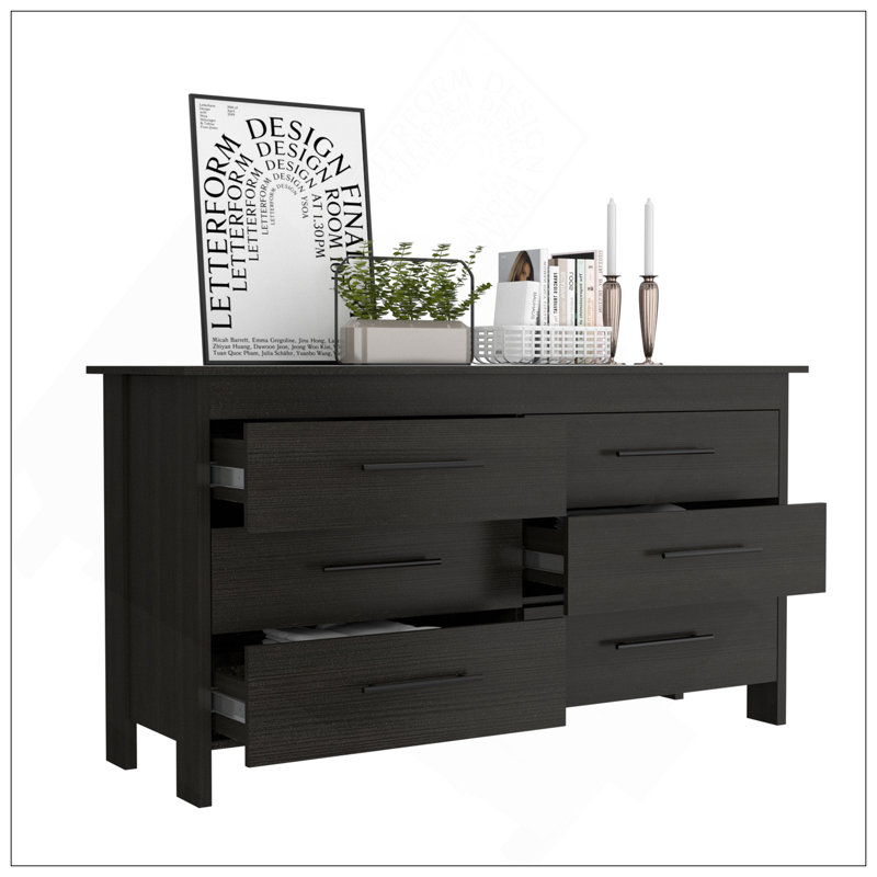 Commode double 6 tiroirs, quatre pieds, dessus - noir, Noir