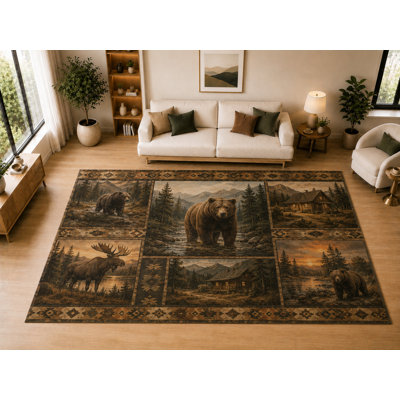 Tapis d'intérieur ultra-léger « Grand » 200 cm x 300 cm, motif cabane d'ours et orignal, idéal pour le salon, la chambre, la salle à manger, le bureau ou la salle familiale. Doux et à poils courts, avec un envers antidérapant en silicone. Couleur : marron.