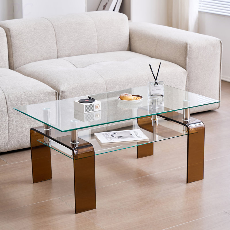Table basse en verre trempé, table basse moderne en verre pour le salon, table basse avec rangement à 2 niveaux avec pieds bruns, table