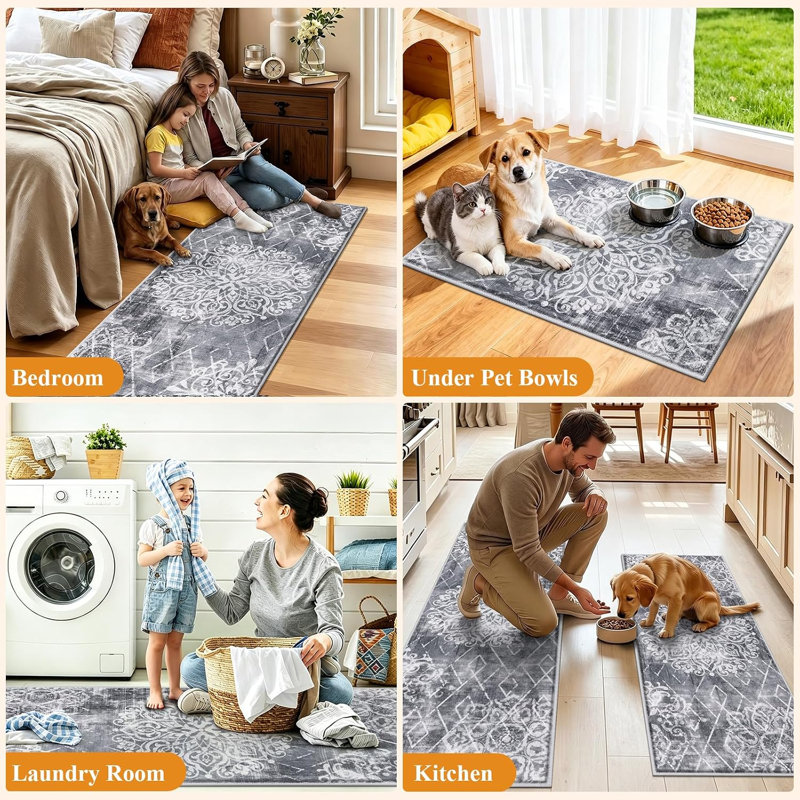 Non Slip Washable Kitchen Mats , Vintage Boho Kitchen Carpet Mat (Set of 3), Gray