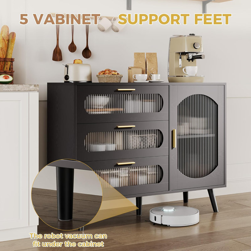 Black Sideboard Buffet Cabinet with Fluted Glass Doors & Drawers – Kitchen & Dining Room Storage, Modern Storage Cabinet
