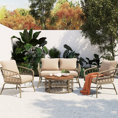 4 terrasses d'extérieur avec sièges ergonomiques, coussins amovibles, beige, mobilier de table ovale en bois pour 4 personnes, plateau de table, eau