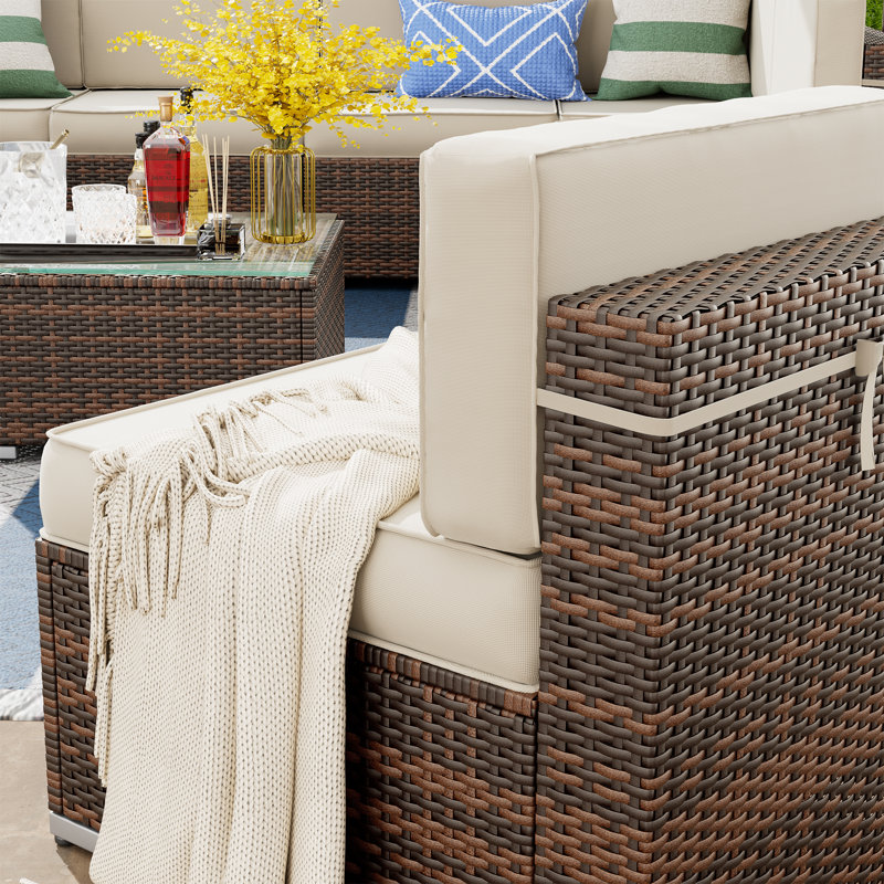 Angeli 8 Person Rattan Seating Group with Fire Pit Table, Coffee Table, Cream