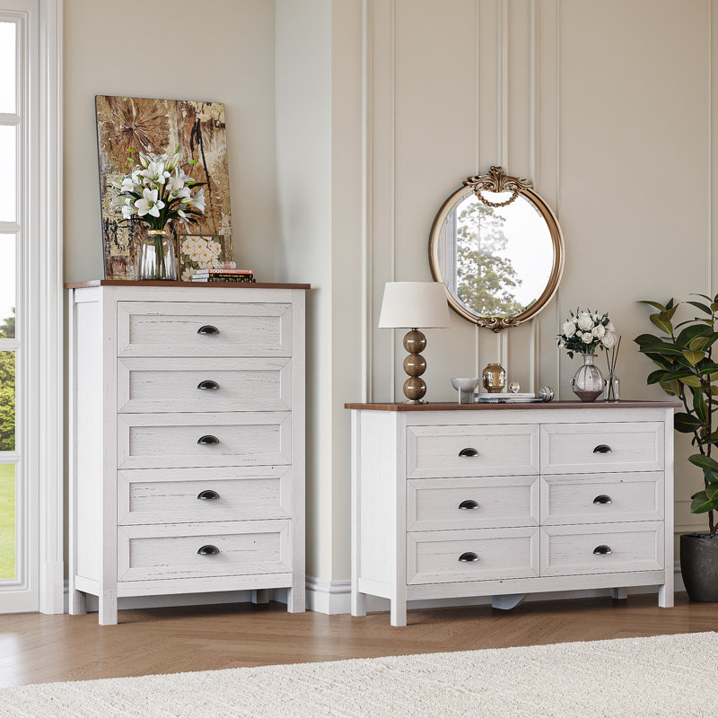 Ensemble de chambre à coucher 2 pièces 2 pièces, 5 tiroirs avec commode horizontale à 6 tiroirs