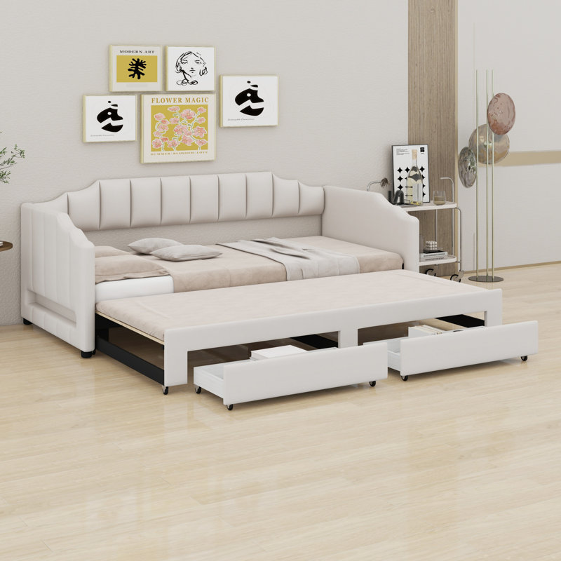 Lit de jour rembourré extensible avec deux tiroirs de rangement et lumière DEL, Beige