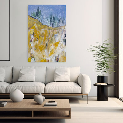 Golden Peaks Winter Night, abstrait géométrique contemporain, forêt de pin, art mural