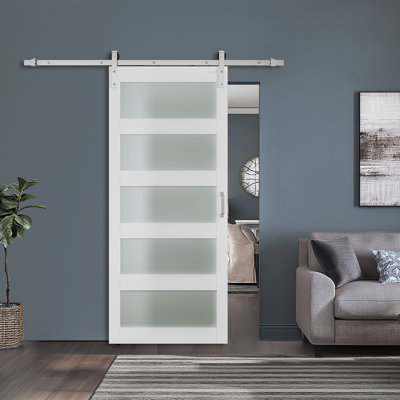 Glass and Manufactured Solid Wood Paneled Barn Door with Brushed Nickel Hardware Kit