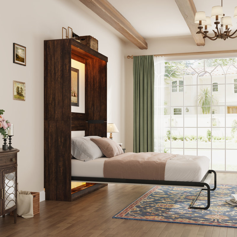 Murphy Wall Bed With LED Lights, No Box Spring Needed, For Home Office, Antique White and Rustic Brown, White, Queen