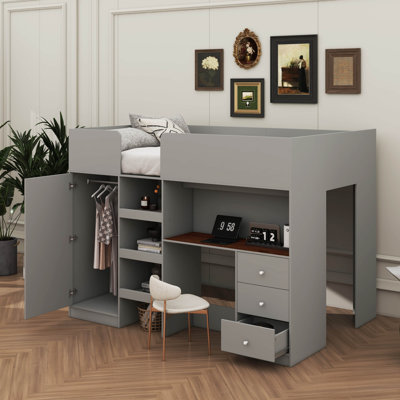 A Full-Sized Wooden Loft Bed With A Built-In Wardrobe, Desk Area, Shelving Units, And Storage Drawers by Isabelle & Max