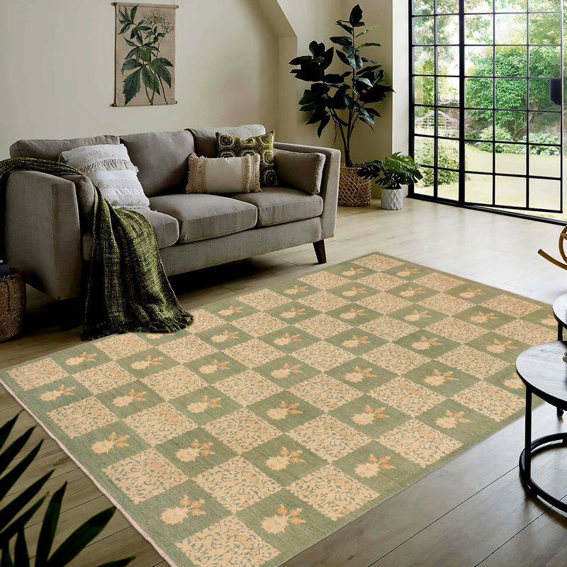 Tapis géométrique vert clair / crème en laine noué à la main 9 pi 8 po x 13 pi 5 po Geometric