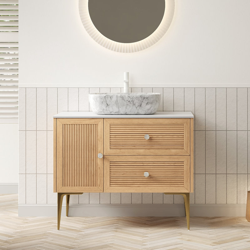 Modern Oak Bathroom Vanity & Sink, Durable Ceramic Basin & Spacious Storage