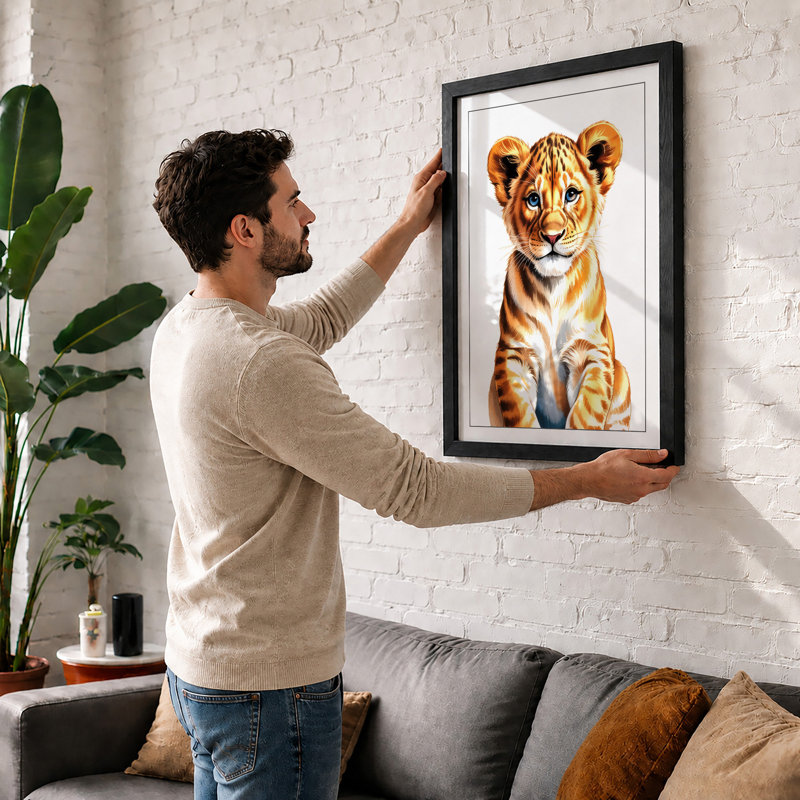 Young Lion Cub Modern - Framed Print, A2 - 59.4 x 42.0 cm, White