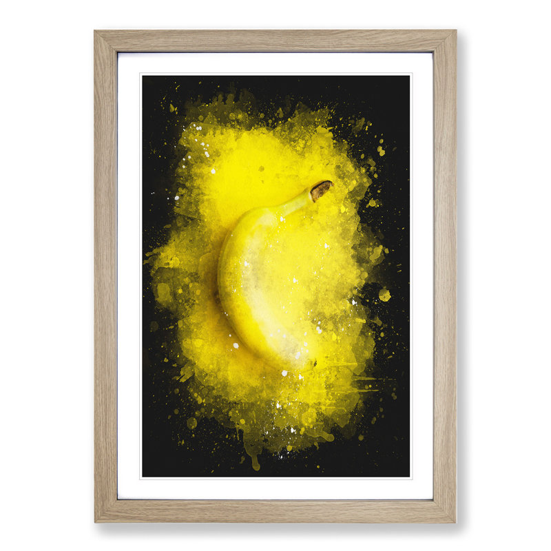 Yellow Banana Paint Splash - Picture Frame Graphic Art, Oak, 36cm H x 27cm W x 2cm D