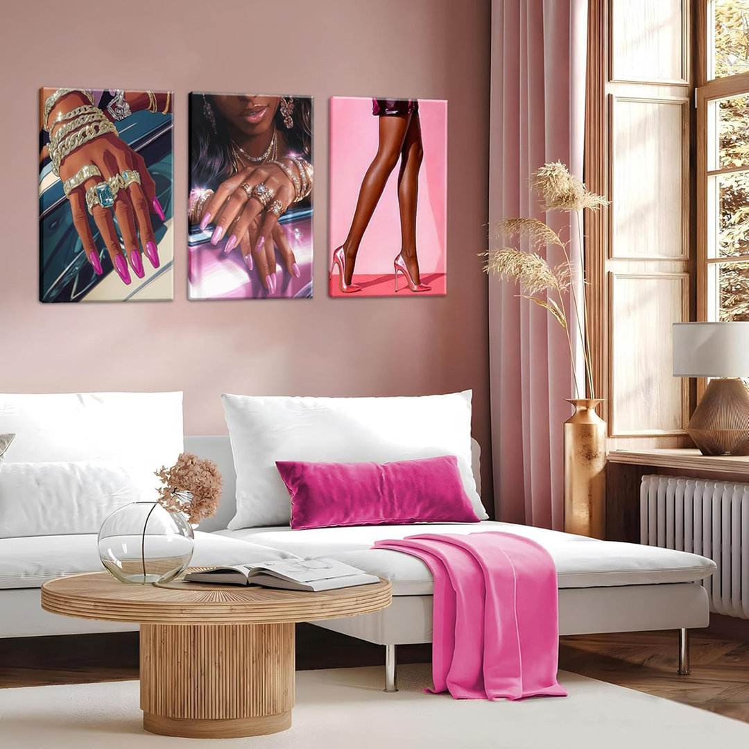 Black Girl Wall Art Set Of 3, Black Woman African American Canvas Wall Decor Paintings, Boho Fashion Abstract Pictures Prints For Bedroom Bathroom Liv