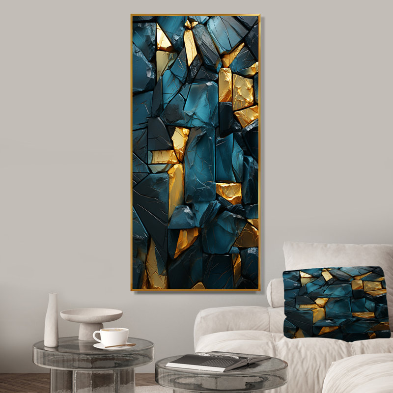 Pierre mosaïque II - décoration murale en marbre, Cadre flottant doré, H 60 po x l 28 po x P 1,5 po