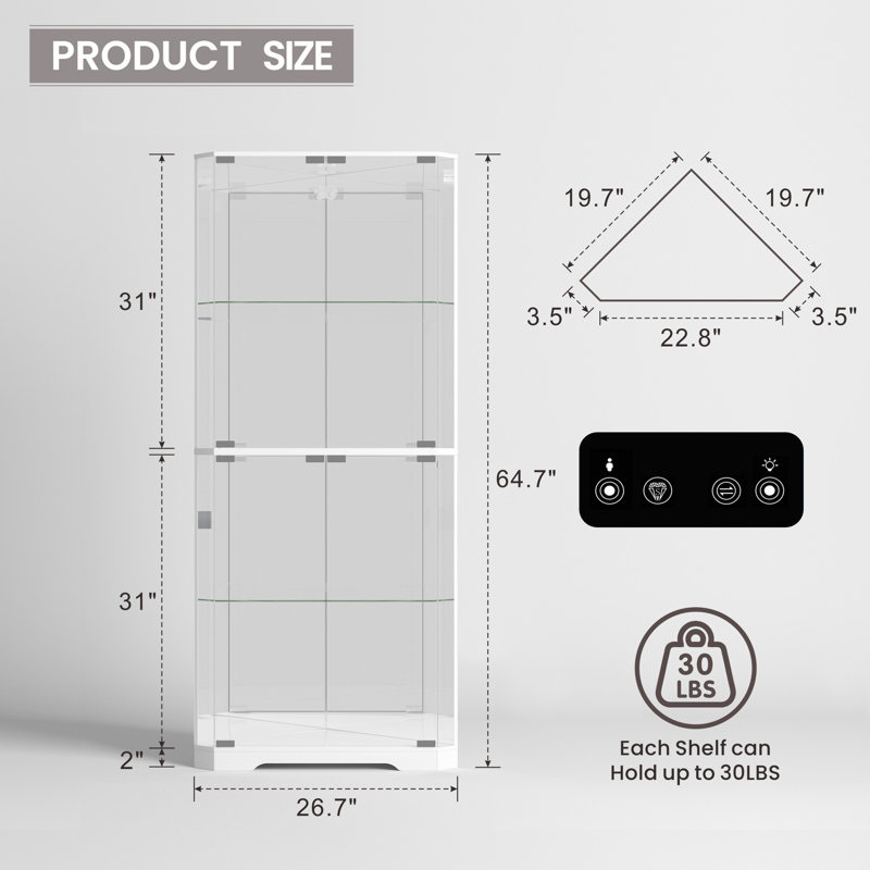 65'' H Glass Corner Display Cabinet With Color Led Light Modes And Motion Sensor, White