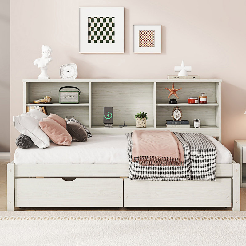 Structure de lit simple avec tablettes latérales, deux tiroirs et port USB intégré, Blanc crème