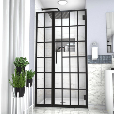 Shower Door 34" W X 72" H Pivot Frameless Shower Door With Pattern Glass, Open Entry Design In Matte Black